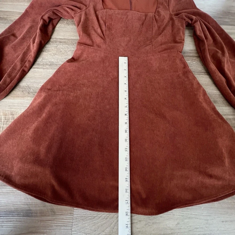 Franchescas Corduroy Babydoll Mini Dress Womens M Rust Brown Orange Square Neck - Picture 7 of 11